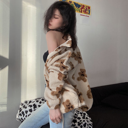 Abrigo de Lana Cordero Holgado con Estampado Europeo y Americano - Image 4