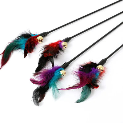 Three cat teaser wands with black sticks, colorful feathers in purple, red, and teal, and small gold bells. - Image 4