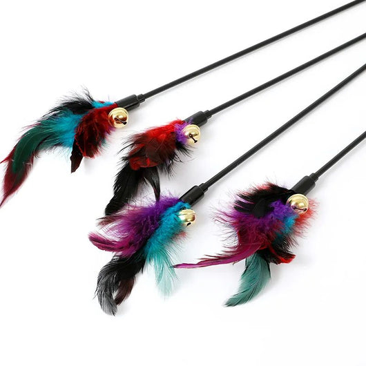 Three cat teaser wands with black sticks, colorful feathers in purple, red, and teal, and small gold bells. - Image 4