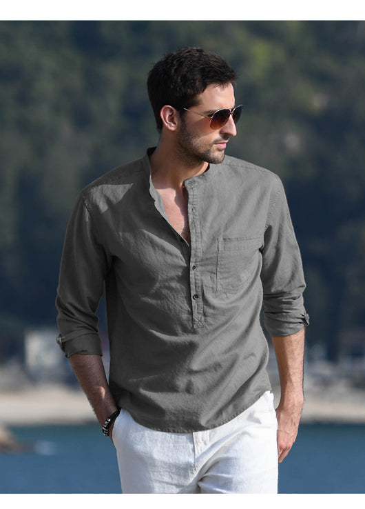 Camisa Casual de Lino y Algodón con Cuello Mao para Hombre - Image 13