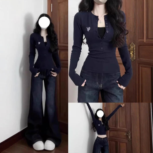 Blusa Entallada de Manga Larga con Botones y Hombros Rectos