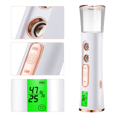 White and rose gold double-spraying nano mist sprayer with a clear reservoir, next to its product box and USB cable. - Image 3