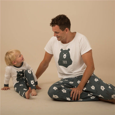 Father and son wearing matching white and dark gray bear-themed pajamas, featuring a 'PAPA' bear graphic. - Image 10