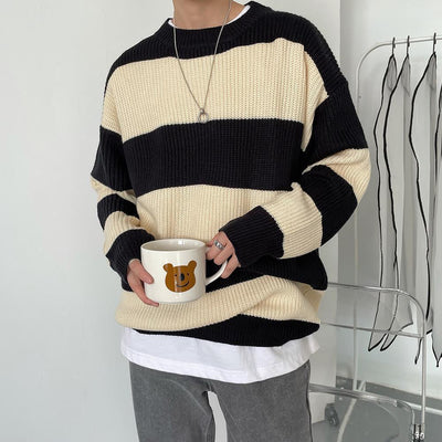 Suéter Holgado de Cuello Redondo con Rayas para Hombre - Estilo Casual Otoño Invierno - Image 12