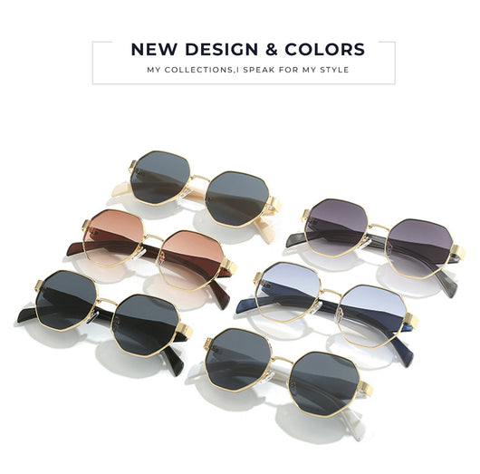 Polygonal sunglasses with a gold metal frame, beige temples, and dark black-gray lenses on a white background. - Image 19