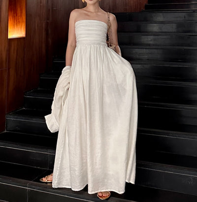 Vestido Tubo de Lino Puro con Pliegues y Tirantes Desmontables Dos en Uno - Image 18