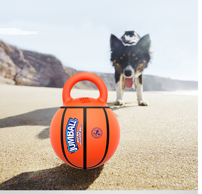 Orange basketball dog toy with a kettlebell-style handle, labeled GiGwi Jumball, for medium to large dogs. - Image 17
