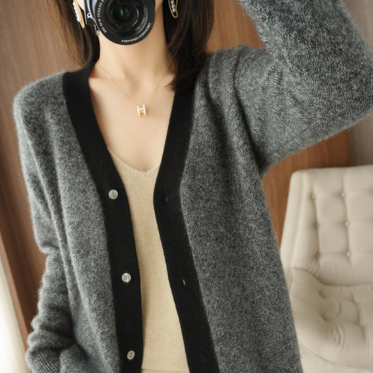 Cardigan de Cuello V en Cashmere con Bloques de Color para Mujer - Image 10