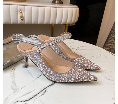 Tacones Planos Elegantes con Pedrería y Perlas - Punta Afilada para Mujer