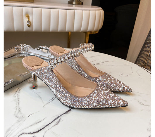 Tacones Planos Elegantes con Pedrería y Perlas - Punta Afilada para Mujer