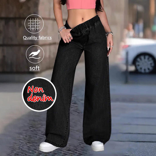 Pantalones Rectos de Talle Alto en Denim Sintético Efecto Amplio
