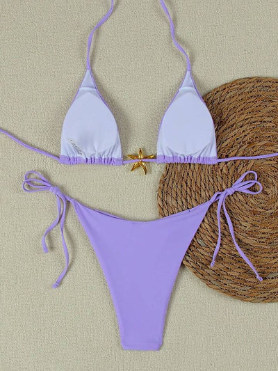 White women's bikini with triangle top and tie-side bottom, featuring a gold starfish charm on the center front. - Image 17