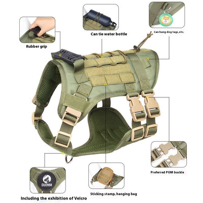 Light grey tactical dog harness made of Oxford cloth with mesh padding, adjustable straps, a top handle, and D-ring. - Image 12