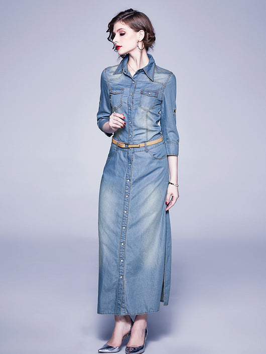 Vestido Denim Tencel Azul Slim con Solapa y Detalles de Abertura - Image 7