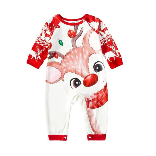 Red and white matching family Christmas pajamas with cartoon reindeer, Christmas trees, and snowman patterns. - Image 6