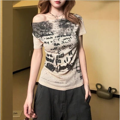 Playera Retro Americana Hombro Descubierto Cuello Barco Manga Corta - Image 3