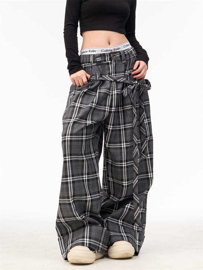 Pantalones Anchos Retro Cuadros con Cintura Elástica Estilo Americano - Image 2