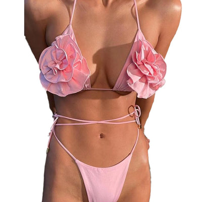 Traje de Baño Bikini Dividido con Flores 3D y Cordones - Image 5