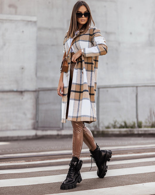 Abrigo de Lana Cuadrille Largo Cepillado Estilo Europeo y Americano para Otoño e Invierno - Image 14