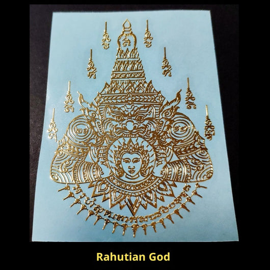Gold foil sticker featuring a stylized turtle with intricate Thai script and patterns on a light blue background. - Image 4