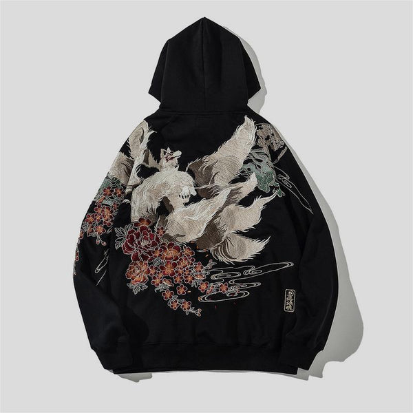 Sudadera con Capucha Bordada Zorro de Nueve Colas Estilo Japonés para Hombre