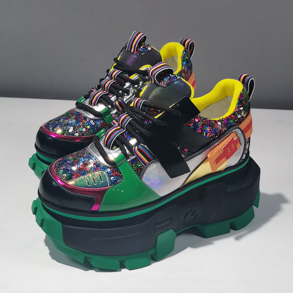 Zapatos Plataforma con Lentejuelas de Cuero y Bloques de Color