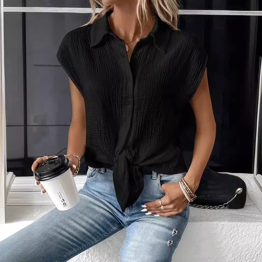 Blusa Casual de Botones con Cordones y Color Sólido para el Día a Día - Image 2