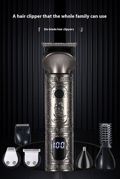 Gold retro carved electric hair clipper grooming kit with multiple trimmer heads, guide combs, cleaning brush, and USB cable. - Image 9