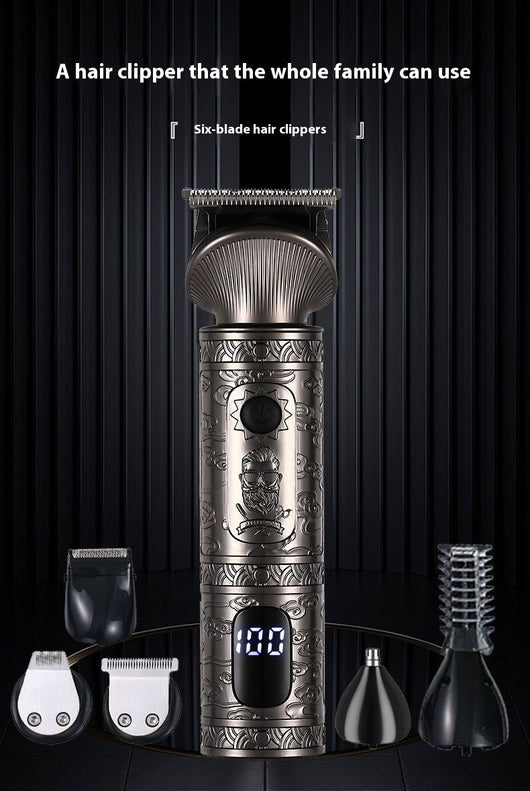 Gold retro carved electric hair clipper grooming kit with multiple trimmer heads, guide combs, cleaning brush, and USB cable. - Image 9
