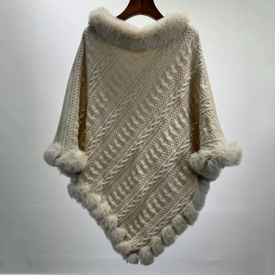 Poncho Tipo Capa de Punto Grueso con Cuello de Pelaje - Image 6