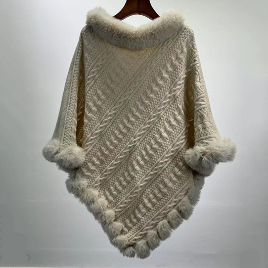 Poncho Tipo Capa de Punto Grueso con Cuello de Pelaje - Image 6