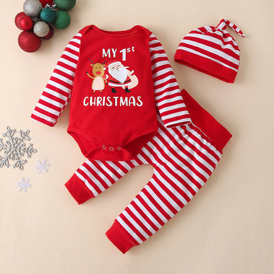 Conjunto de Tres Piezas Navideño a Rayas con Gorro para Bebé - Image 9