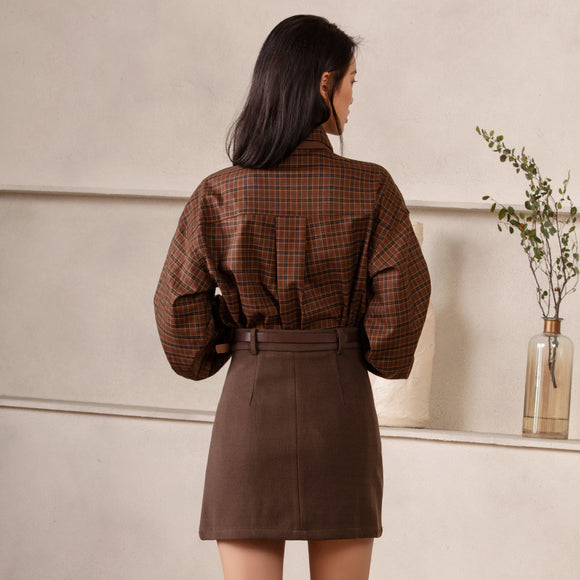 Camisa Preppy de Cuadros con Corbata Integrada de Manga Larga para Mujer