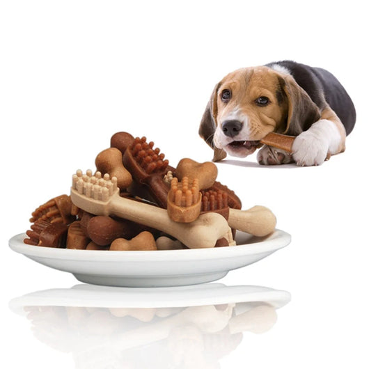 YaHo bone-shaped dog snacks in various brown and tan shades, some with dental nubs, in a black bowl. - Image 5
