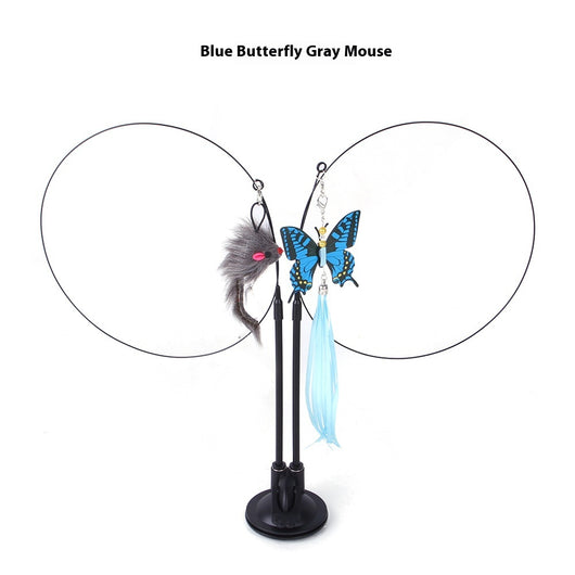 Cat sucker teaser toy with a blue butterfly, gray mouse, and light blue feathers on a black suction cup base. - Image 6