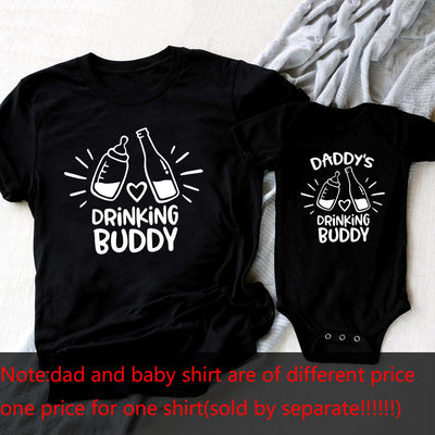 White short-sleeve t-shirt with a black graphic of a baby bottle and a beverage bottle clinking, and "DRINKING BUDDY" text. - Image 10