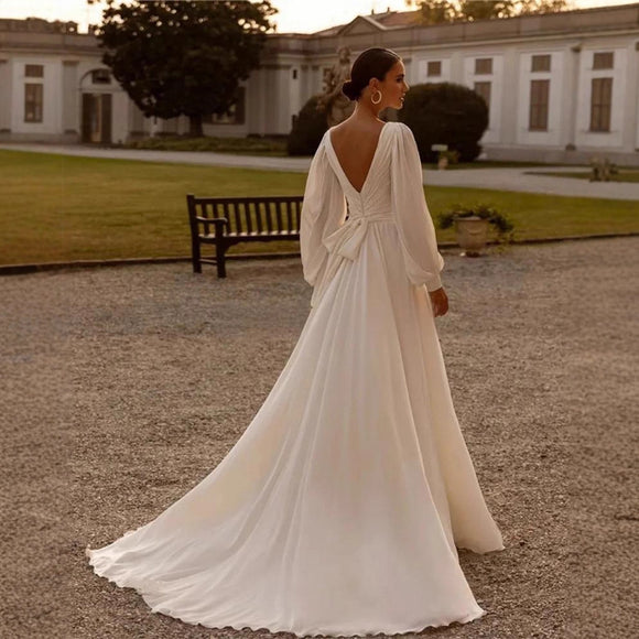 Vestido de Novia Gasa Satinada Escote Profundo Manga Larga