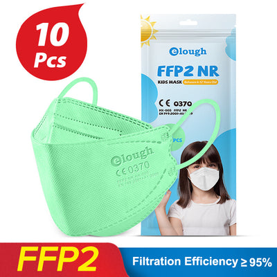Black FFP2 kids mask with ear loops, shown next to its packaging for a 10-piece pack. - Image 3