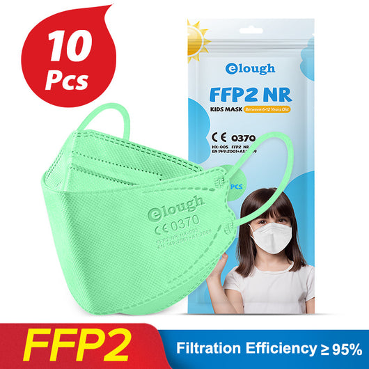 Black FFP2 kids mask with ear loops, shown next to its packaging for a 10-piece pack. - Image 3