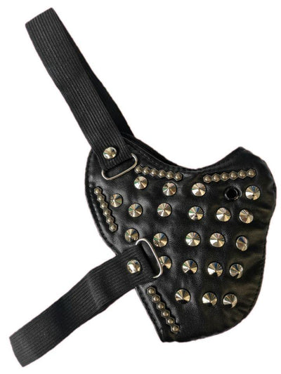 Black leather half-face mask with brass chains, spikes, and gear accents, featuring adjustable elastic straps. - Image 33