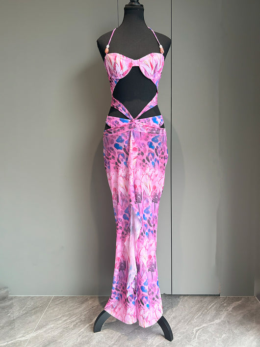 Women's two-piece swimsuit with a halter bikini top and a matching long skirt, featuring a vibrant tropical and animal print. - Image 9