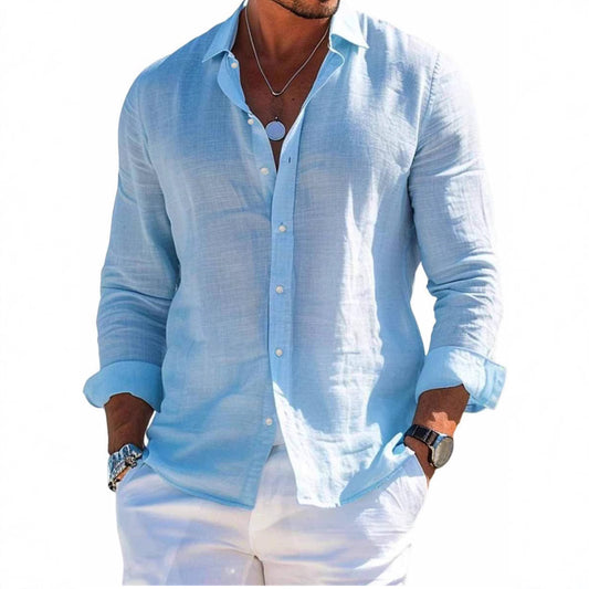 Camisa de Playa Manga Larga con Solapa - Diseño Liso Masculino - Image 2