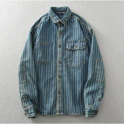 Camisa Holgada a Rayas de Manga Larga Estilo Americano Desgastado - Image 4
