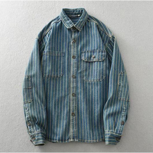 Camisa Holgada a Rayas de Manga Larga Estilo Americano Desgastado - Image 4