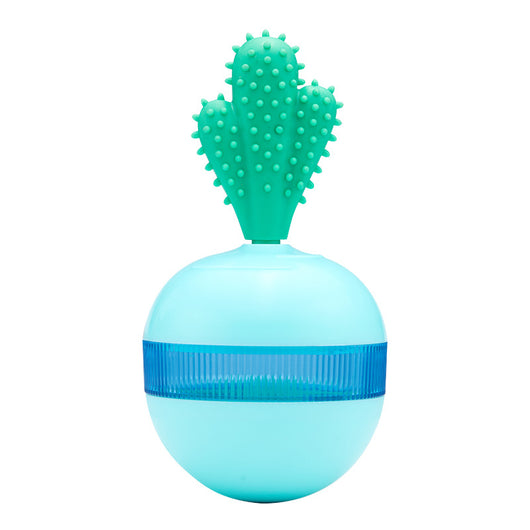 Light blue pet food dispensing ball toy with a translucent blue band and a green cactus-shaped top. - Image 2