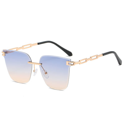 Frameless oversized square sunglasses with brown gradient lenses and gold-tone metal temples, featuring decorative black studs. - Image 7