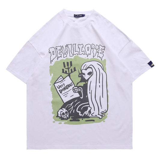 Camiseta Holgada Estampado Periódico - Estilo Urbano Tendencia