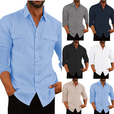 Camisa Hombre Algodón Lino con Bolsillos Dobles Estilo Europeo