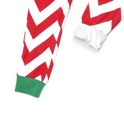 Red and white parent-child pajama set with a reindeer graphic top and chevron stripe pants, green cuffs. - Image 4