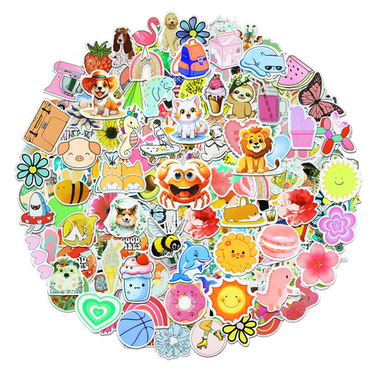 200 assorted waterproof PVC stickers featuring diverse designs like sunflowers, butterflies, rainbows, travel scenes, and positive quotes. - Image 4
